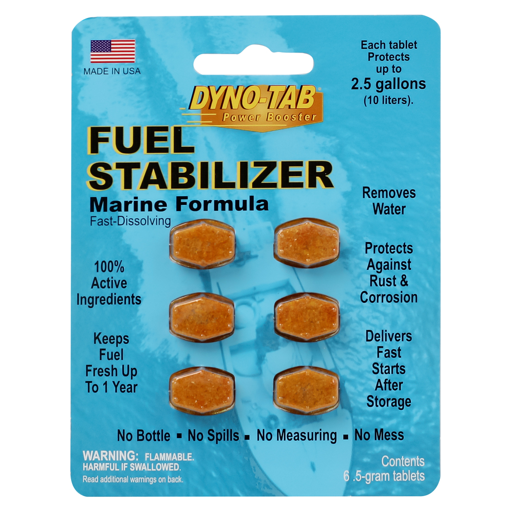 DYNO TAB Fuel Stabilizer – Marine Engines ONLY | Remove Water & Deliver Fast Start | Reduce Carbon Build-Up & Emissions | Marine Formula | 6-Tablet Card, 1 Tablet Treats 10 Liters - 64276